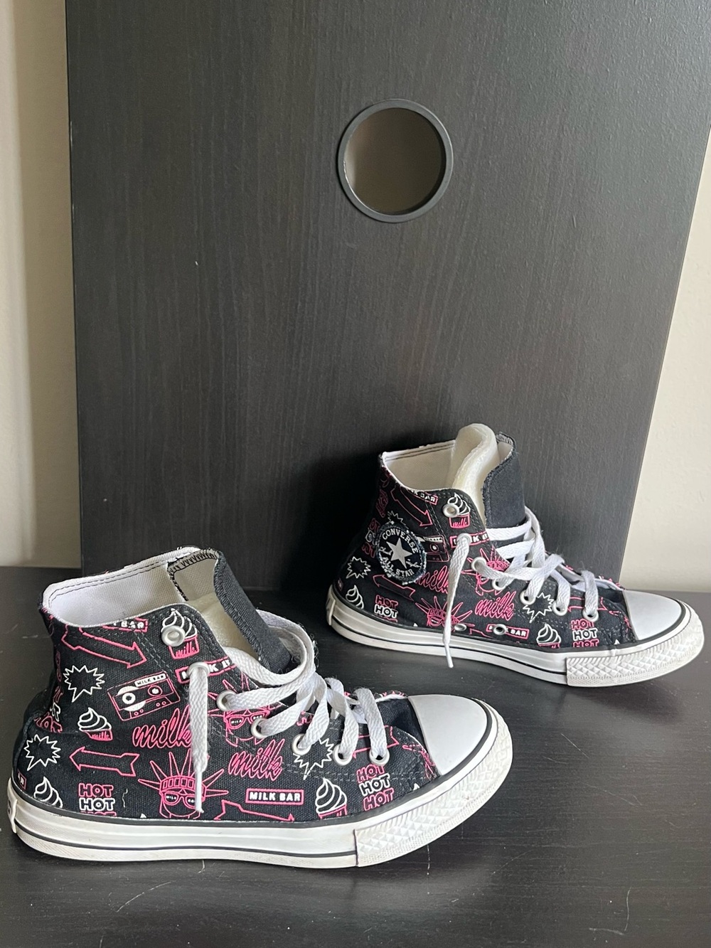 Converse Black and Pink High-Top Kids Sneakers with Graphic Print